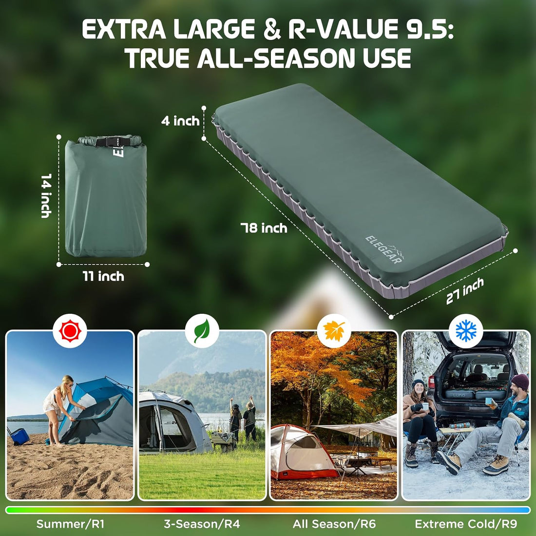 Air & Foam Camping Mattress with Air Pump 4" Single Army Green | Cumbrex™ Memory Foam Sleeping Pad, Ultra-Thick, R-Value 9.5, 4-Season Camp Mat, Compact for Travel Outdoor