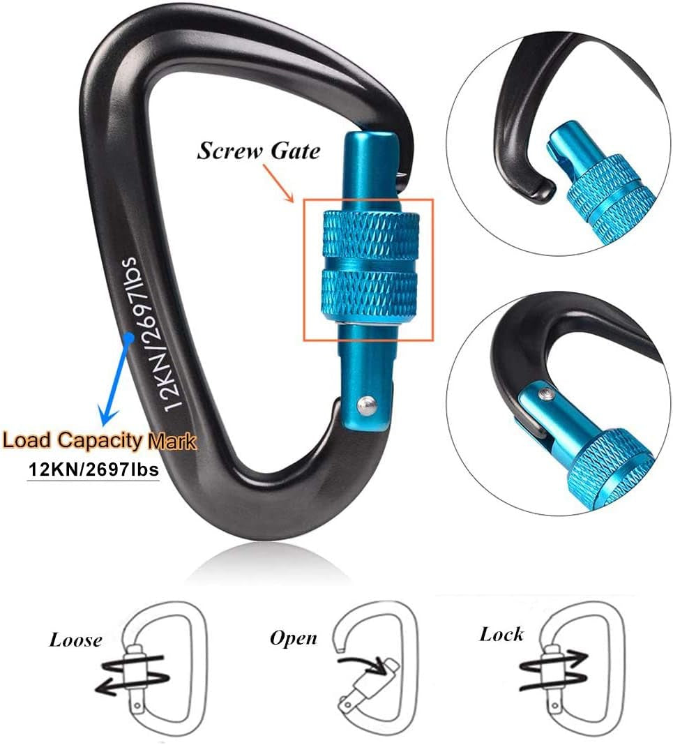 12Kn (2697 Lbs) Heavy Duty Locking Carabiner Clips for Outdoor, Camping, Hiking, Securing Pets, Hammock, Dog Leash Harness