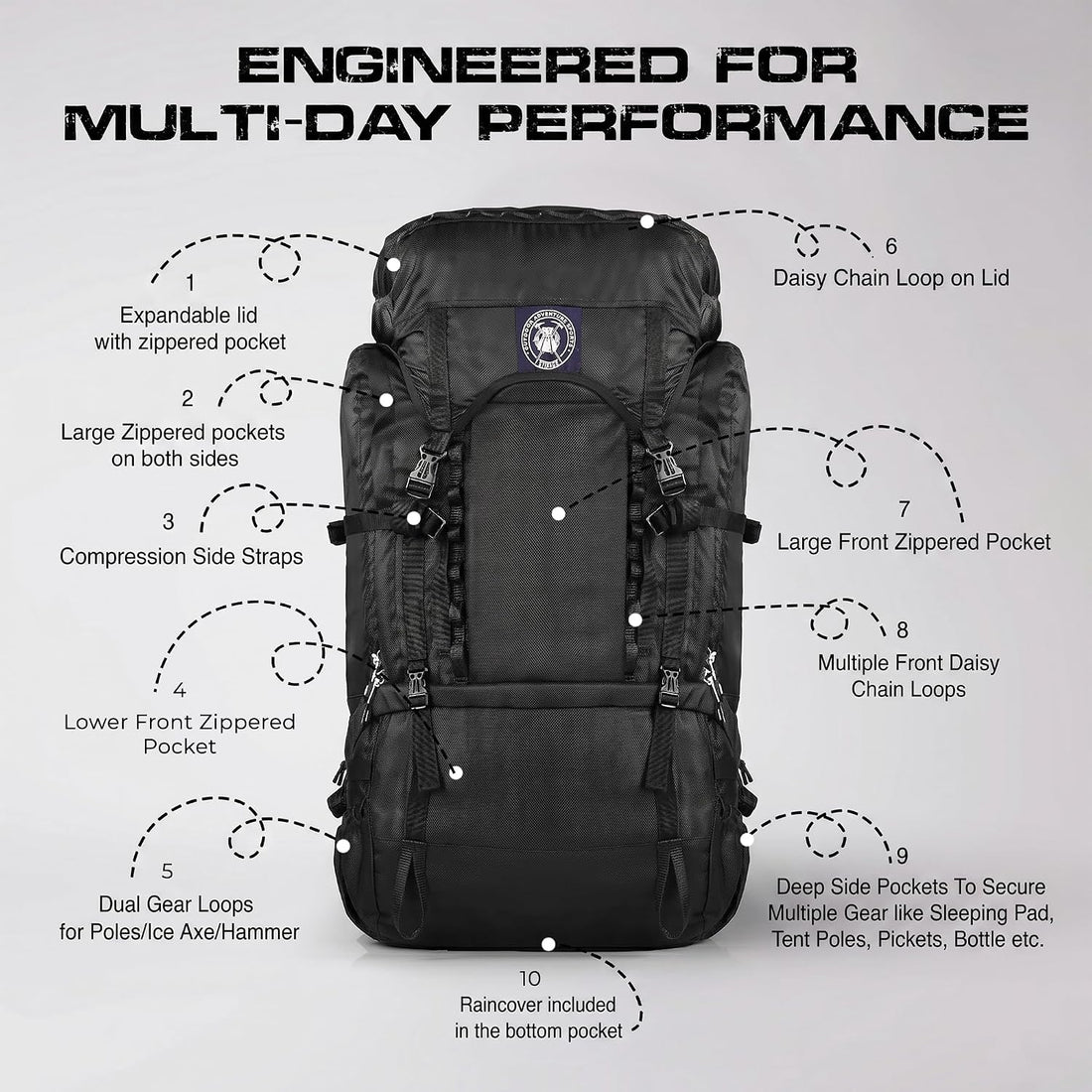 Supersonik 72L Internal Frame Hiking Backpack for Men and Women – Lightweight Waterproof Trekking & Camping Backpack with Rain Cover – Adjustable Back Length, Hydration Bladder Compatible