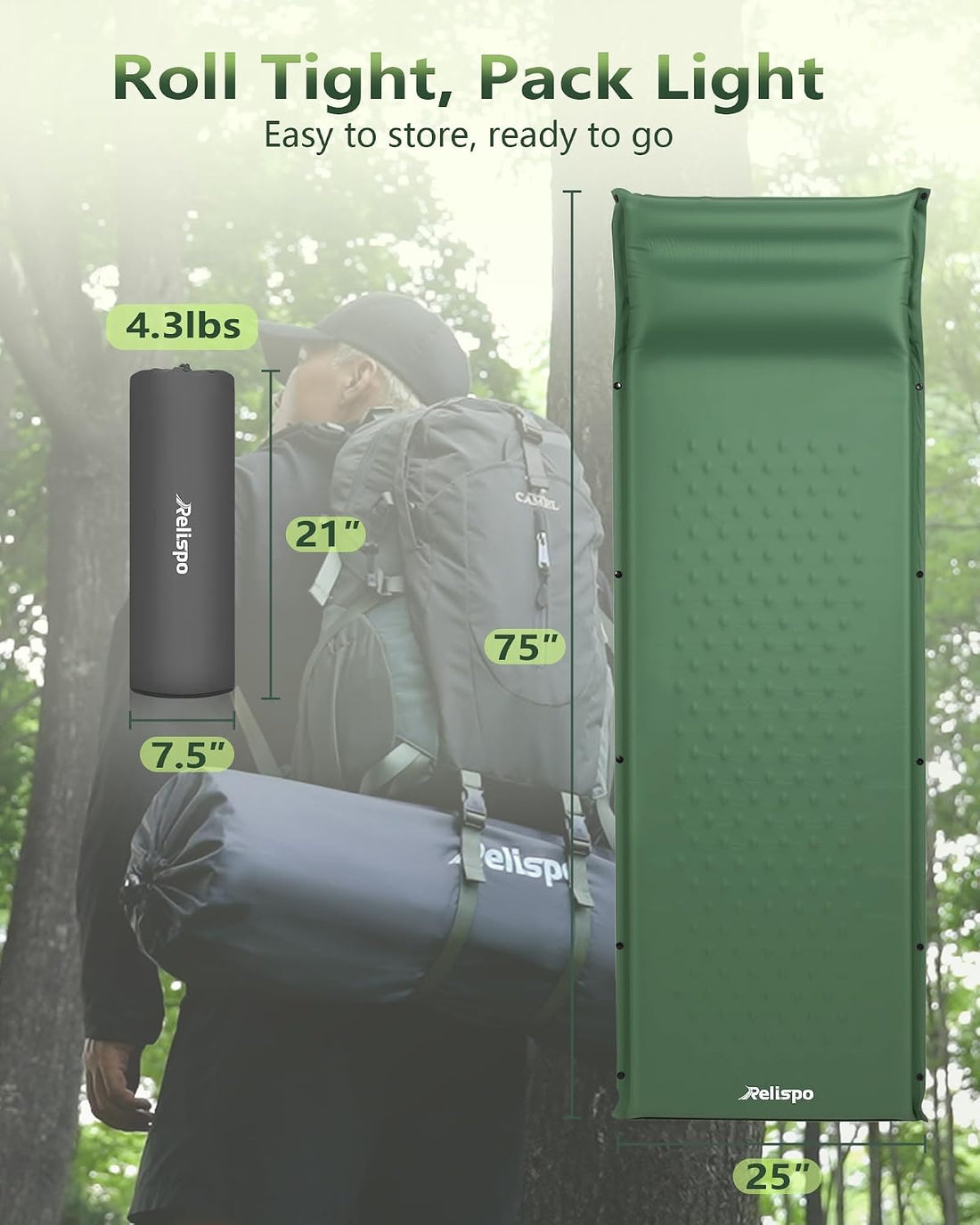 Self-Inflating Sleeping Pad with Built-In Pillow, 8R-Value 4 Season | 30D High-Density Foam Sleeping Mat, Lightweight Portable Camping Mat for Backpacking Hiking Travel, Snap Together for Couples