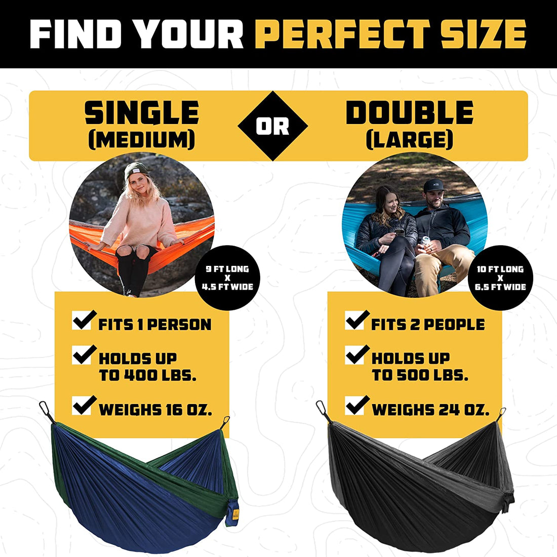 Camping Hammock – up to 500Lbs Portable Hammock with Tree Straps - Travel, Backpacking, Hiking, Outdoors Camping Gear - Single or Double