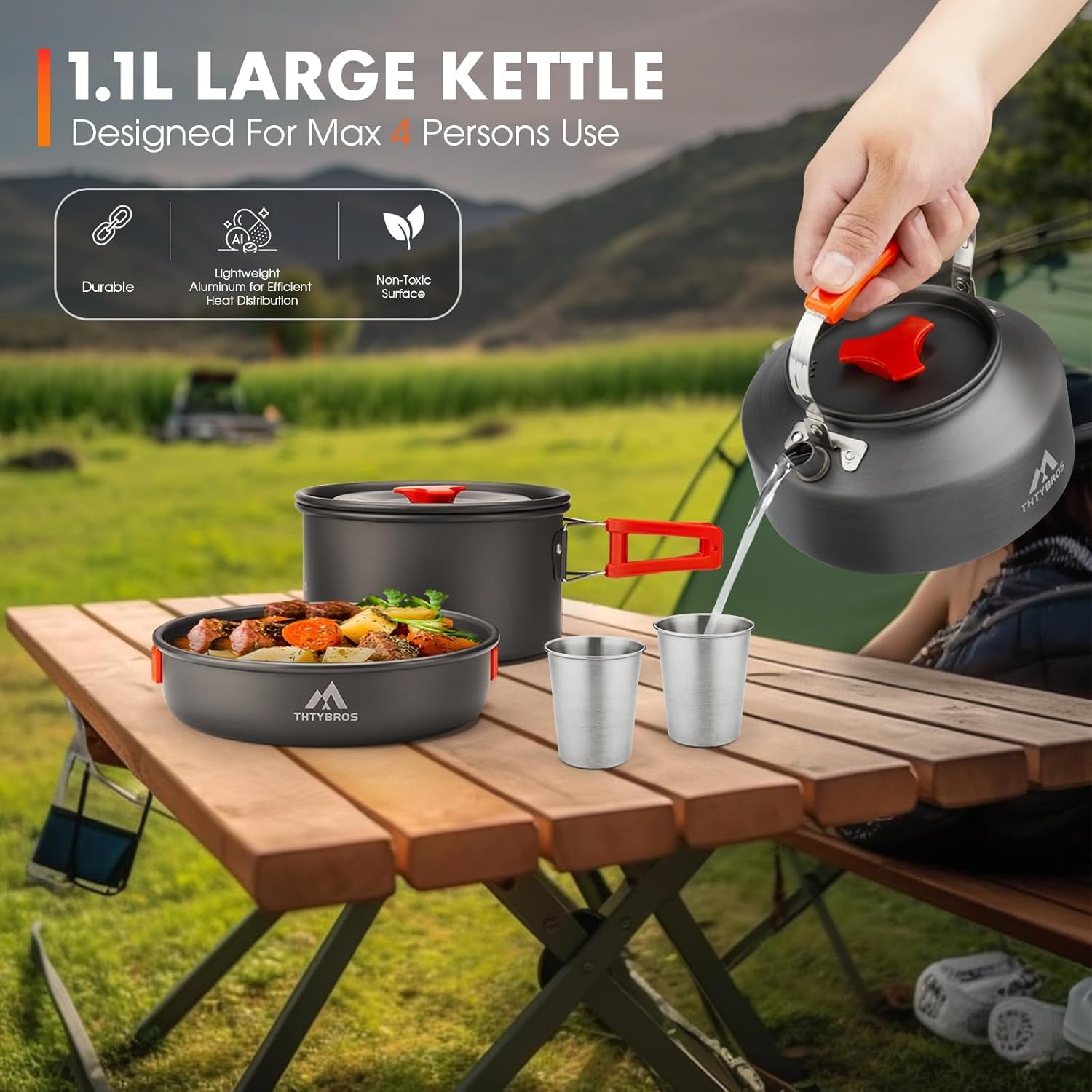 17Pcs Camping Cookware Mess Kit,For Camping,Backpacking,Picnic | 0.45Gal Pot,7Inches Pan,0.30Gal Kettle Set with 2 Set Stainless Steel Cups Plates Forks Knives Spoons,Pots, Pans & Griddles