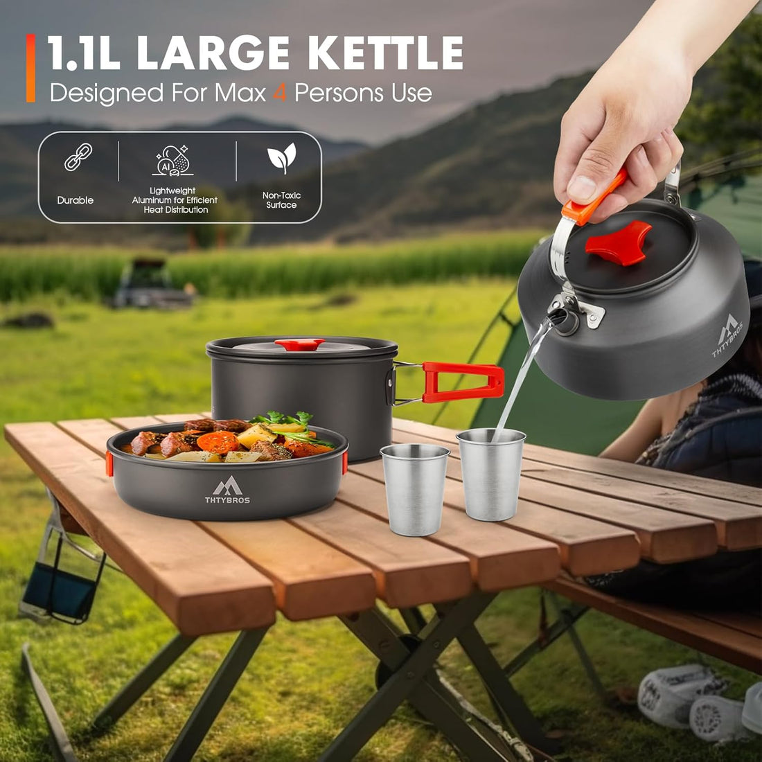 17Pcs Camping Cookware Mess Kit,For Camping,Backpacking,Picnic | 0.45Gal Pot,7Inches Pan,0.30Gal Kettle Set with 2 Set Stainless Steel Cups Plates Forks Knives Spoons,Pots, Pans & Griddles