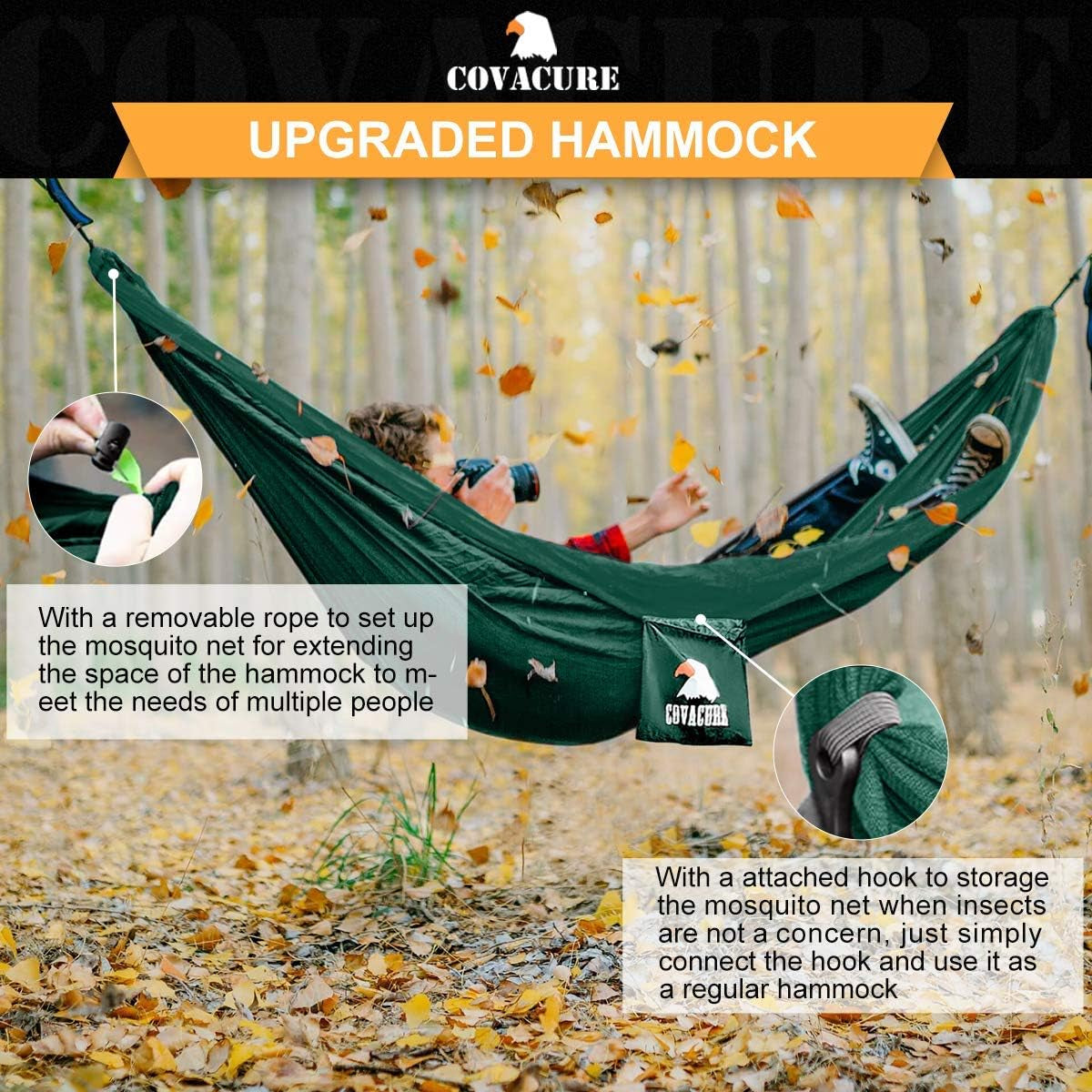 Camping Hammock, 772 Lbs Capacity Double Hammock - Dark Green | Lightweight Hammocks with Tree Straps & Carry Bag, Durable Parachute Nylon, Portable for Hiking, Backyard, Travel, Beach