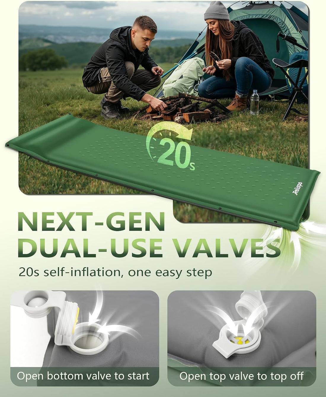 Self-Inflating Sleeping Pad with Built-In Pillow, 8R-Value 4 Season | 30D High-Density Foam Sleeping Mat, Lightweight Portable Camping Mat for Backpacking Hiking Travel, Snap Together for Couples