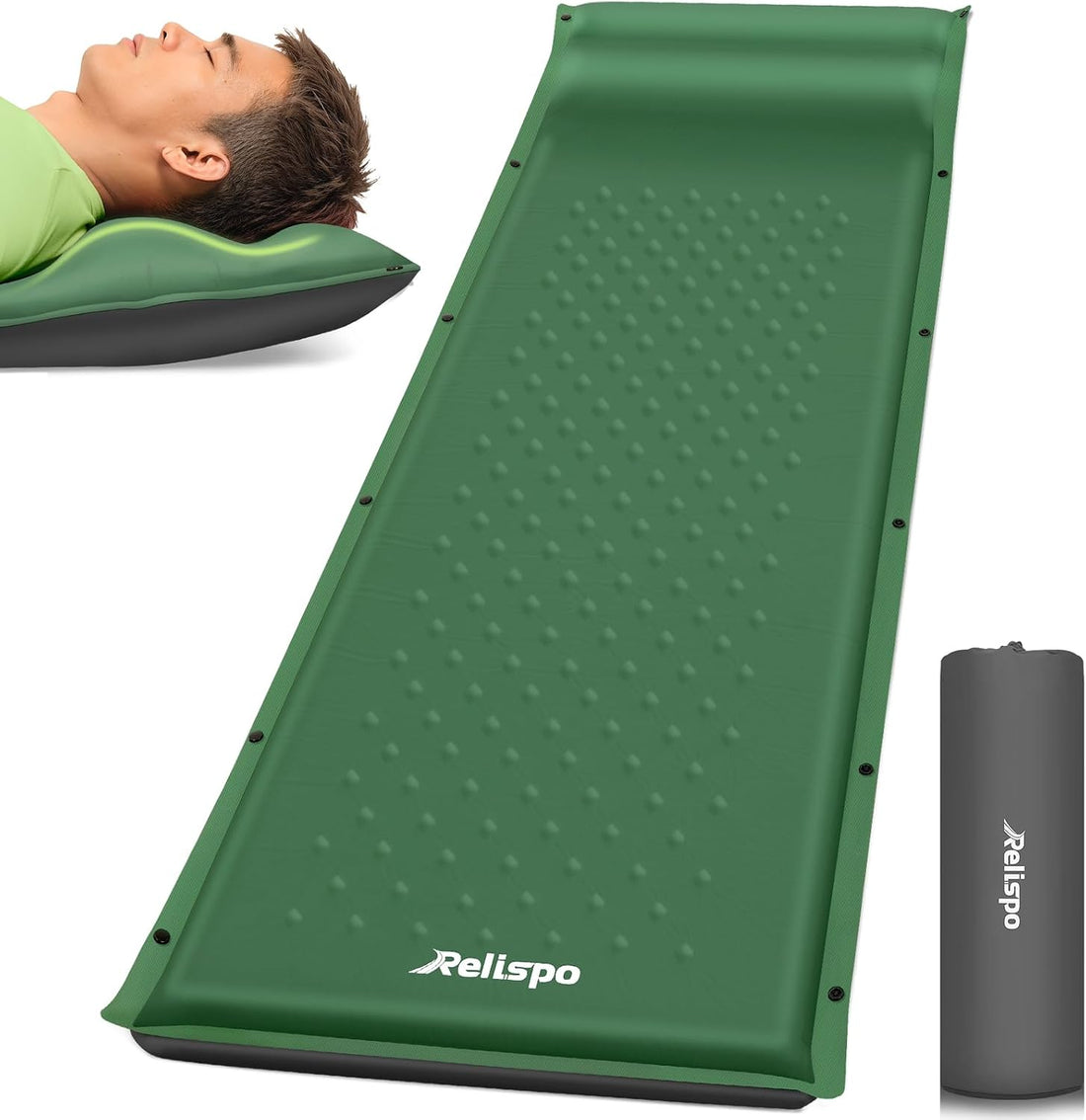 Self-Inflating Sleeping Pad with Built-In Pillow, 8R-Value 4 Season | 30D High-Density Foam Sleeping Mat, Lightweight Portable Camping Mat for Backpacking Hiking Travel, Snap Together for Couples