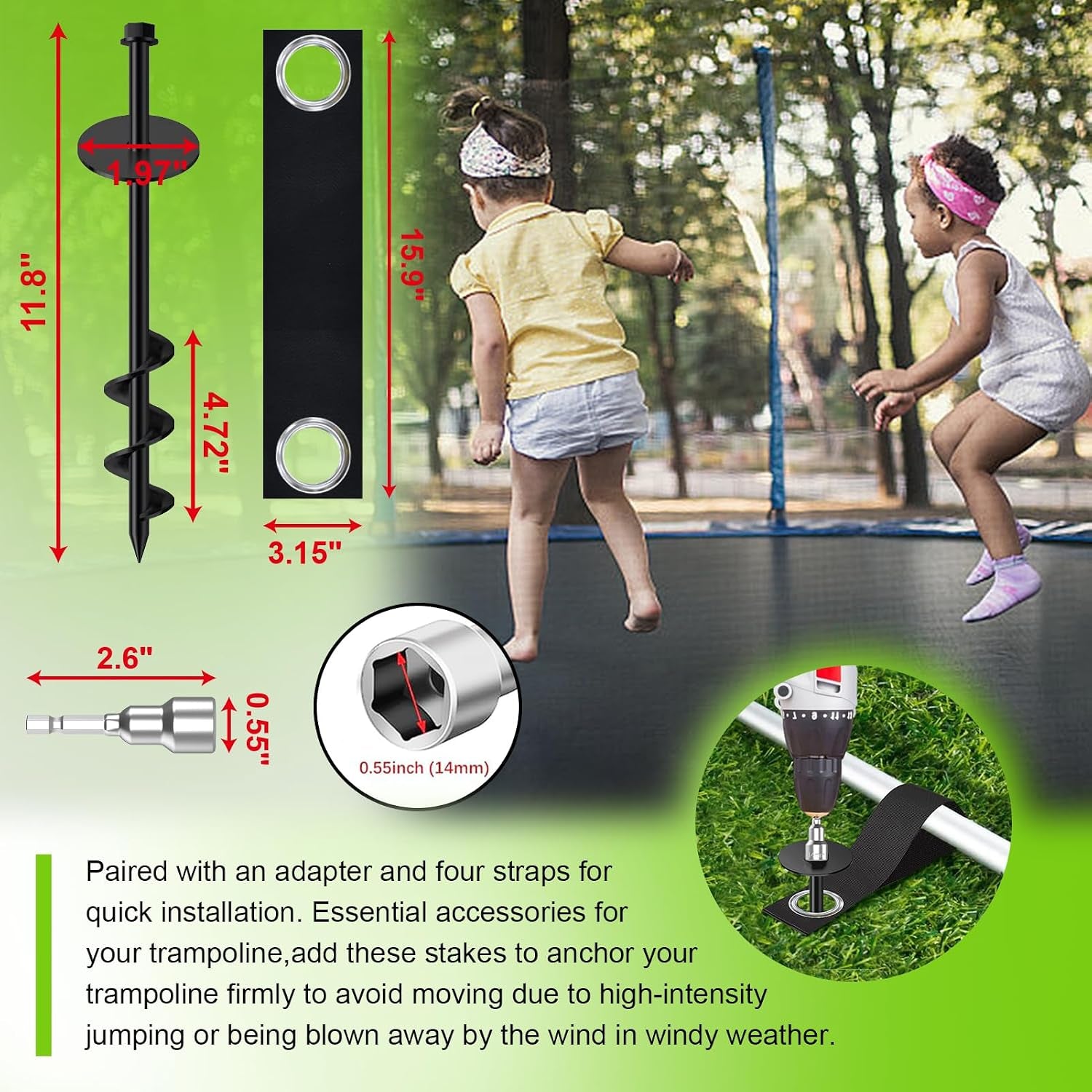 USA 4 Pack Universal Ground Anchors High Wind, Heavy Duty Screw-In Trampoline Stakes with 4 Straps, Upgraded Commercial Anchor Kit for Outdoor Sheds, Swing Sets & Mobile Homes (Black)