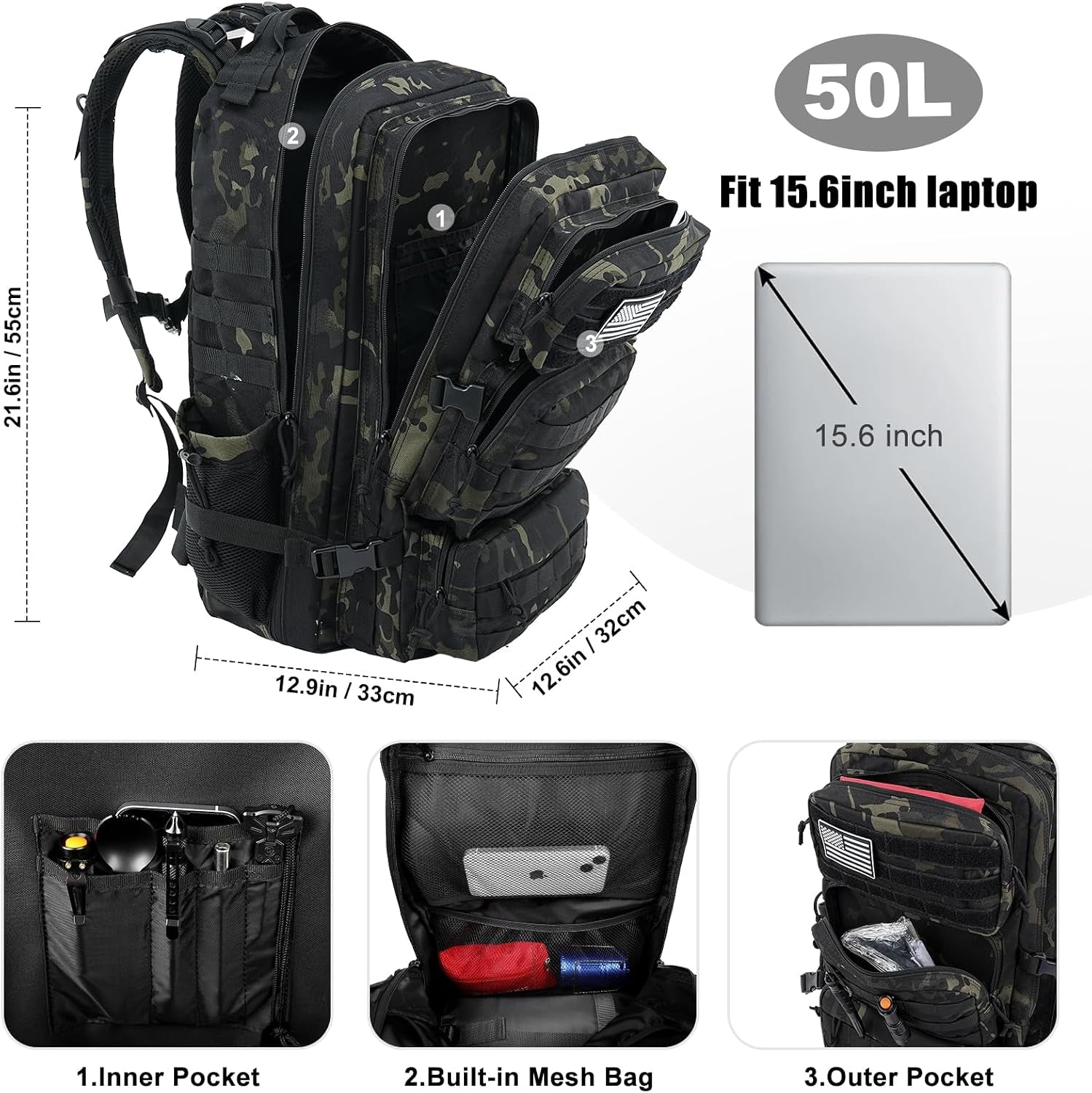 Military Tactical Backpack 50L Large Day Backpack for Men Molle Army 3 Days Assault Pack Bug Out Bag Water Resistant and Heavy Duty Hiking Treeking Rucksack - Black Camo