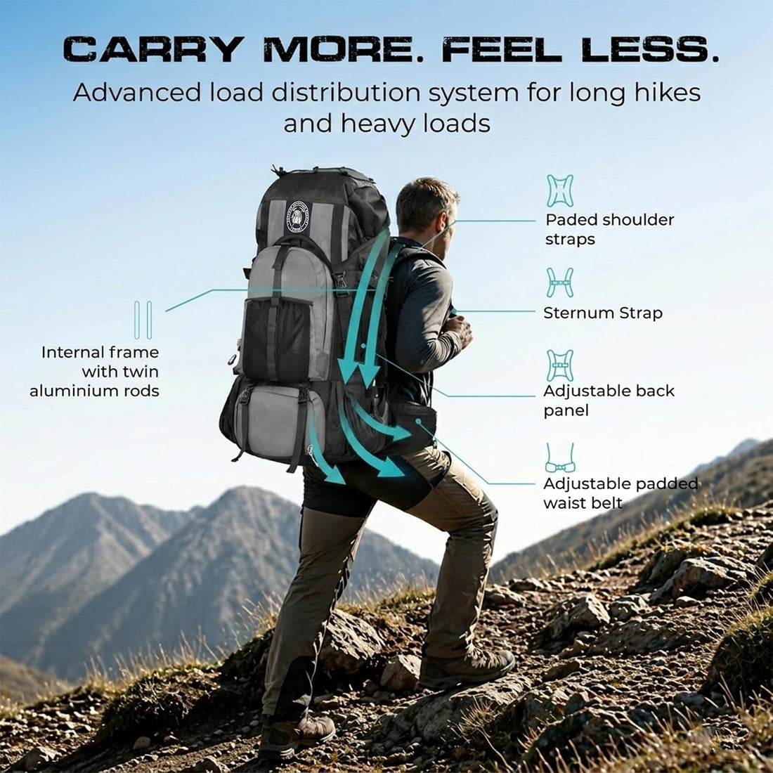 Expedition 58L Internal Frame Hiking Backpack for Men and Women – Lightweight Waterproof Trekking & Camping Backpack with Rain Cover – Adjustable Back Length, Hydration Bladder Compatible