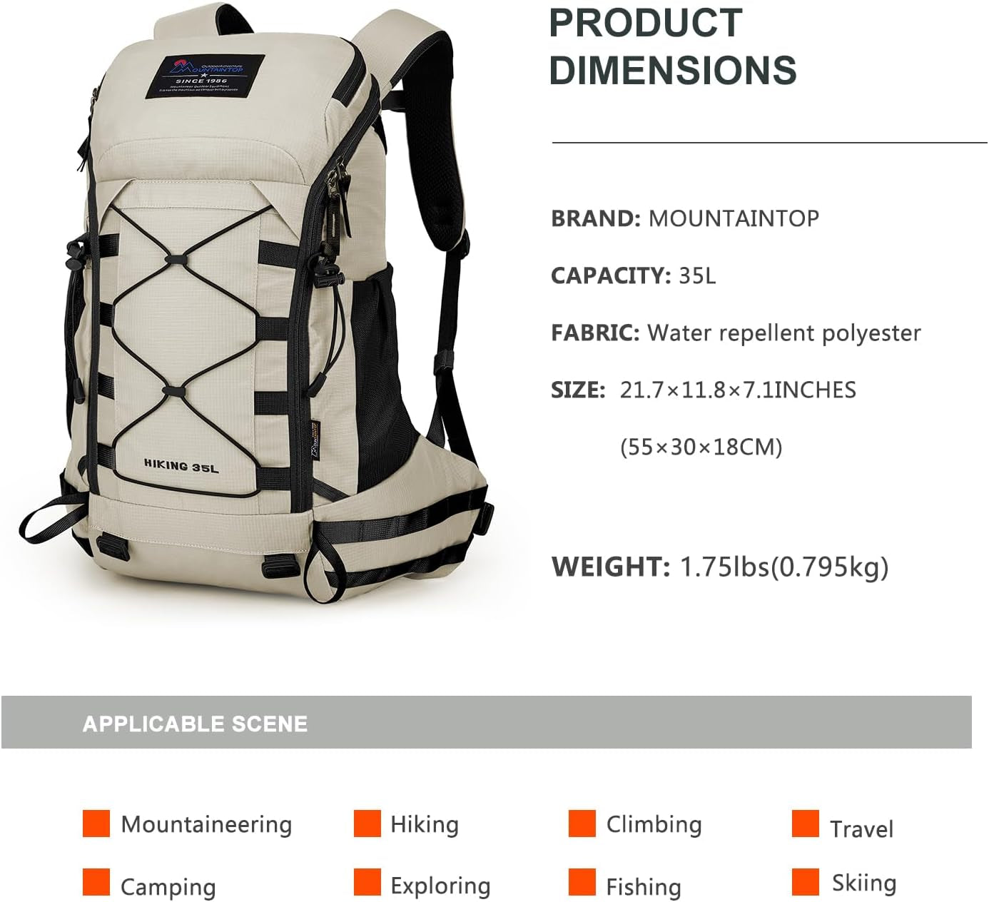 35L Hiking Backpack, Lightweight Daypack with Rain Cover | Durable 35L Hiking Backpack Features Scratch-Resistant Fabric, YKK Zippers and Included Rain Cover