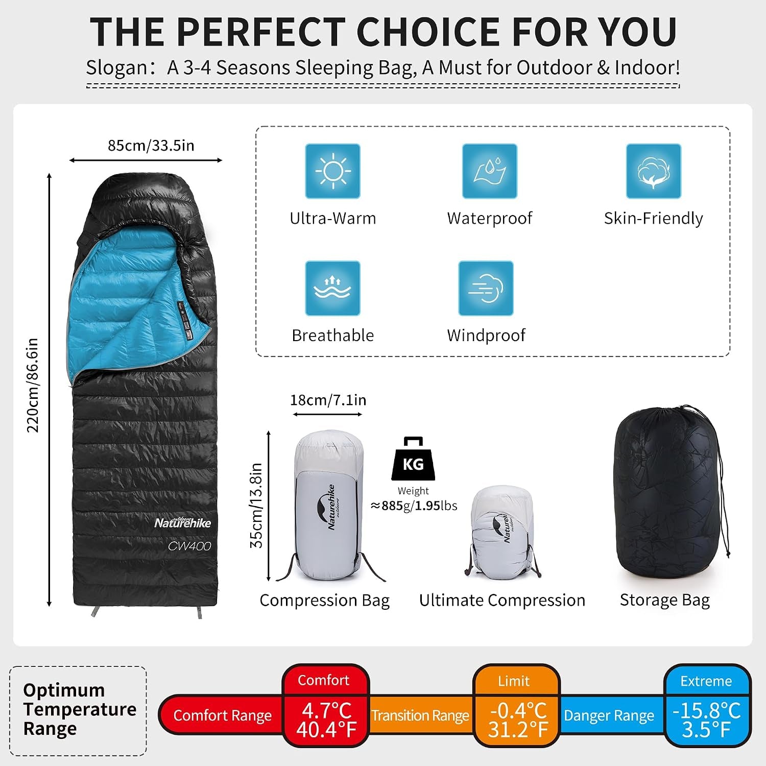 Ultralight down Sleeping Bag, 650FP Backpacking Sleeping Bag for Adults, 40.4℉ Waterproof Sleeping Bags for Camping, Hiking, Traveling with Compression Sack