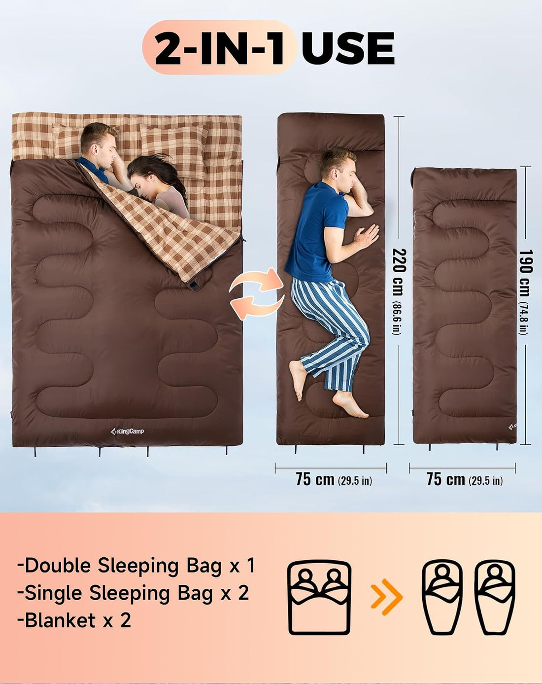 Double Sleeping Bag for Adults, Queen Size 2 Person Sleeping Bag | XXL 100% Cotton Flannel Waterproof,Lightweight,Includes 2 Pillows Sleeping Bag,Perfect for Couples Family Camping Hiking