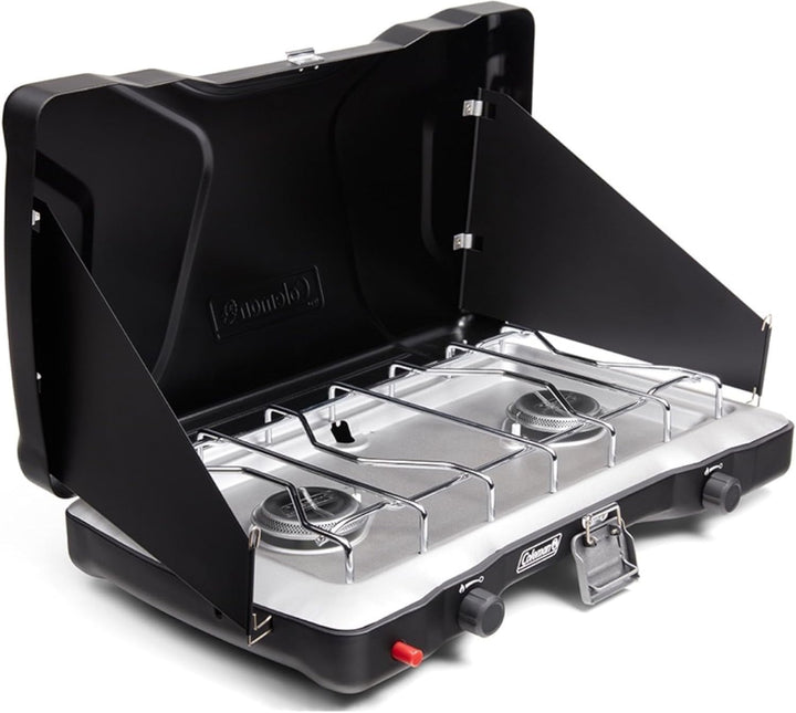 Coleman Triton+ 2-Burner Propane Camping Stove with Instastart Ignition, Portable Camping Cooktop with 2 Adjustable Burners & Wind Guards, 22,000 Btus of Power for Camping, Tailgating, Grilling