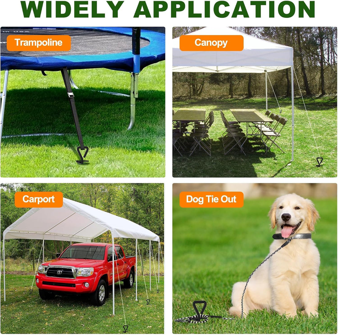 USA 4 Pack Heavy Duty Ground Stakes,Industrial Grade Spiral Steel Screw-In Trampoline Anchors with 4 Reinforced Straps,High Wind Stabilizing Kit for Dog Tie-Out,Canopies,Sheds,Swing Sets,Black