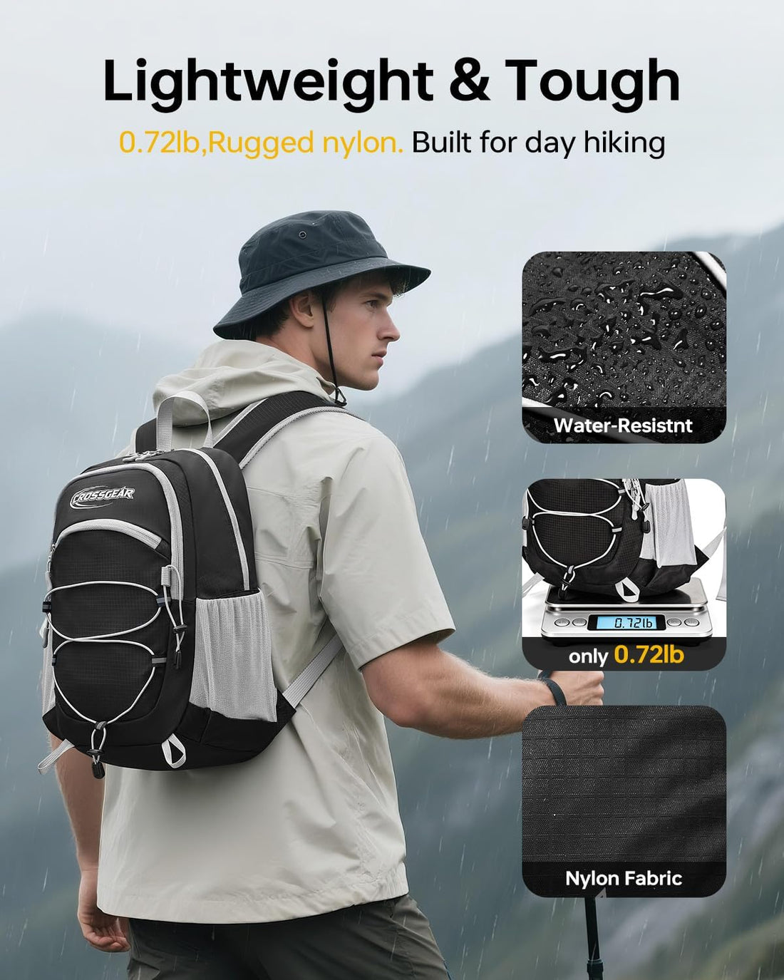 24L Hiking Backpack, Lightweight Foldable Packable Daypack with RFID Pocket, Multi-Pocket, Nylon Small Travel Backpack, Water Resistant for Travel, Camping, Outdoor, Black