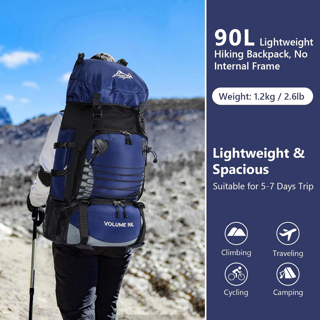 90L Hiking Backpack, Waterproof Camping Bag with Rain Cover, Lightweight Backpacking Back Pack