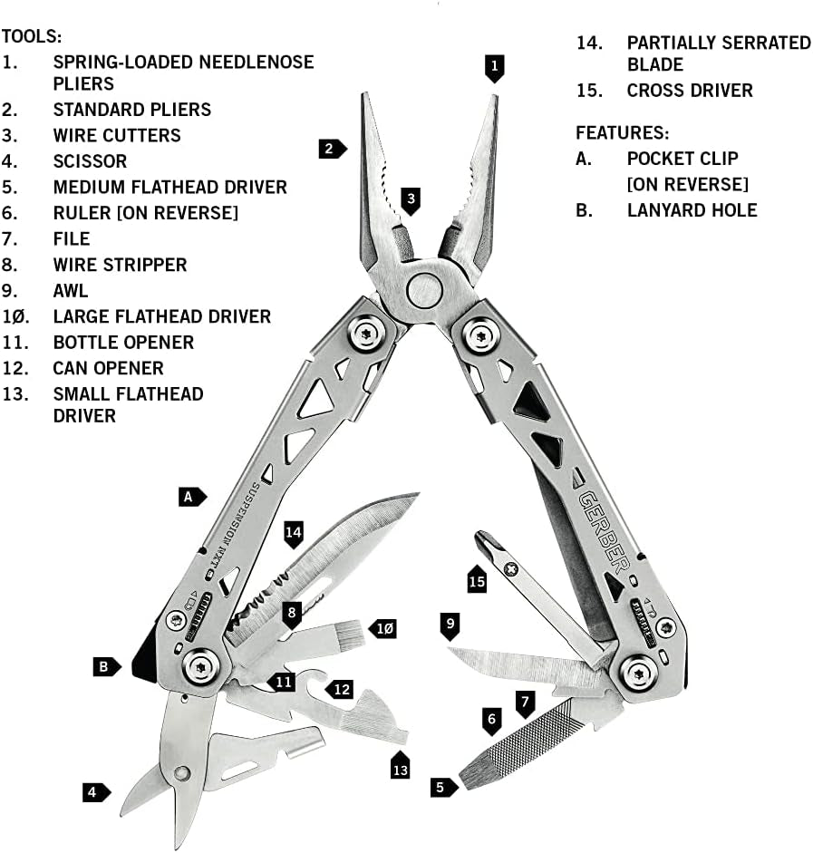 Suspension NXT 15-In-1 Multitool Pliers, EDC Knife, Stainless Steel | Stainless Steel, Needle Nose Pliers, Wire Stripper, Survival/Camping Gear, Gifts for Men, EDC Pocket Clip
