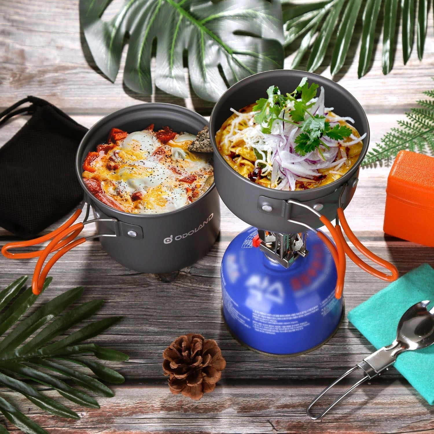Camping Cookware Mess Kit, Lightweight Pot Stove Spork Set | Protable 6Pcs Backpacking Gear with Carry Mesh Bag for Outdoor Camping Cooking Hiking and Picnic