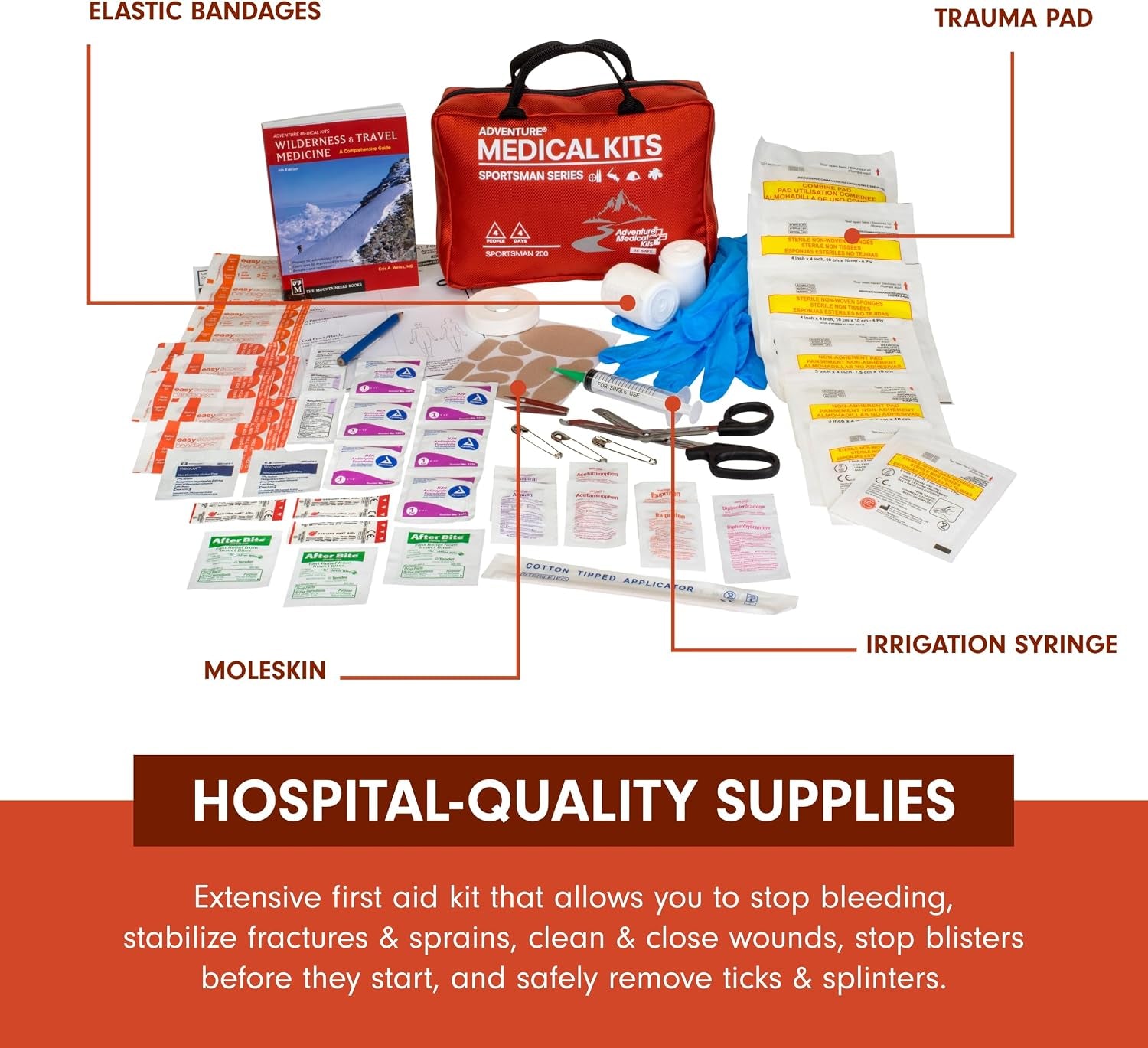Sportsman Series Medical Kit - 200 - First Aid Kit for Camping, Hiking, Hunting & More - for 4 People for 4 Days - Includes Bandages, Medicine, Guide Book & More | Easy Care Organized Kit Includes Hospital-Quality Bandages, Medications & a Wilderness First Aid Guide Book