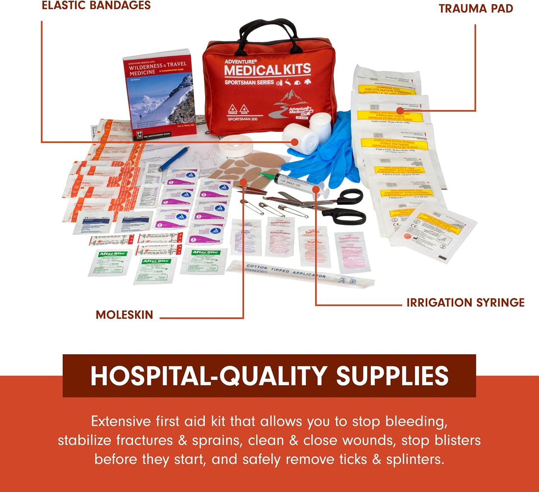 Sportsman Series Medical Kit - 200 - First Aid Kit for Camping, Hiking, Hunting & More - for 4 People for 4 Days - Includes Bandages, Medicine, Guide Book & More | Easy Care Organized Kit Includes Hospital-Quality Bandages, Medications & a Wilderness First Aid Guide Book