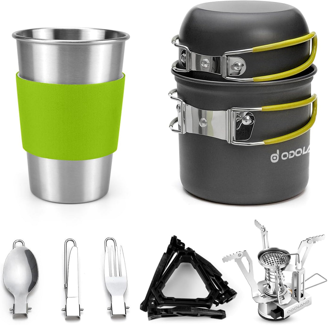 Camping Cookware Stove Set with 1.2L/0.6L Pots and Protable Stove | Stainless Steel Cup, Tank Bracket, Carabiner, Canister Stand Tripod, Fork Spoon Knive Kit for Backpacking Hiking Picnic