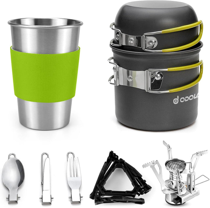 Camping Cookware Stove Set with 1.2L/0.6L Pots and Protable Stove | Stainless Steel Cup, Tank Bracket, Carabiner, Canister Stand Tripod, Fork Spoon Knive Kit for Backpacking Hiking Picnic