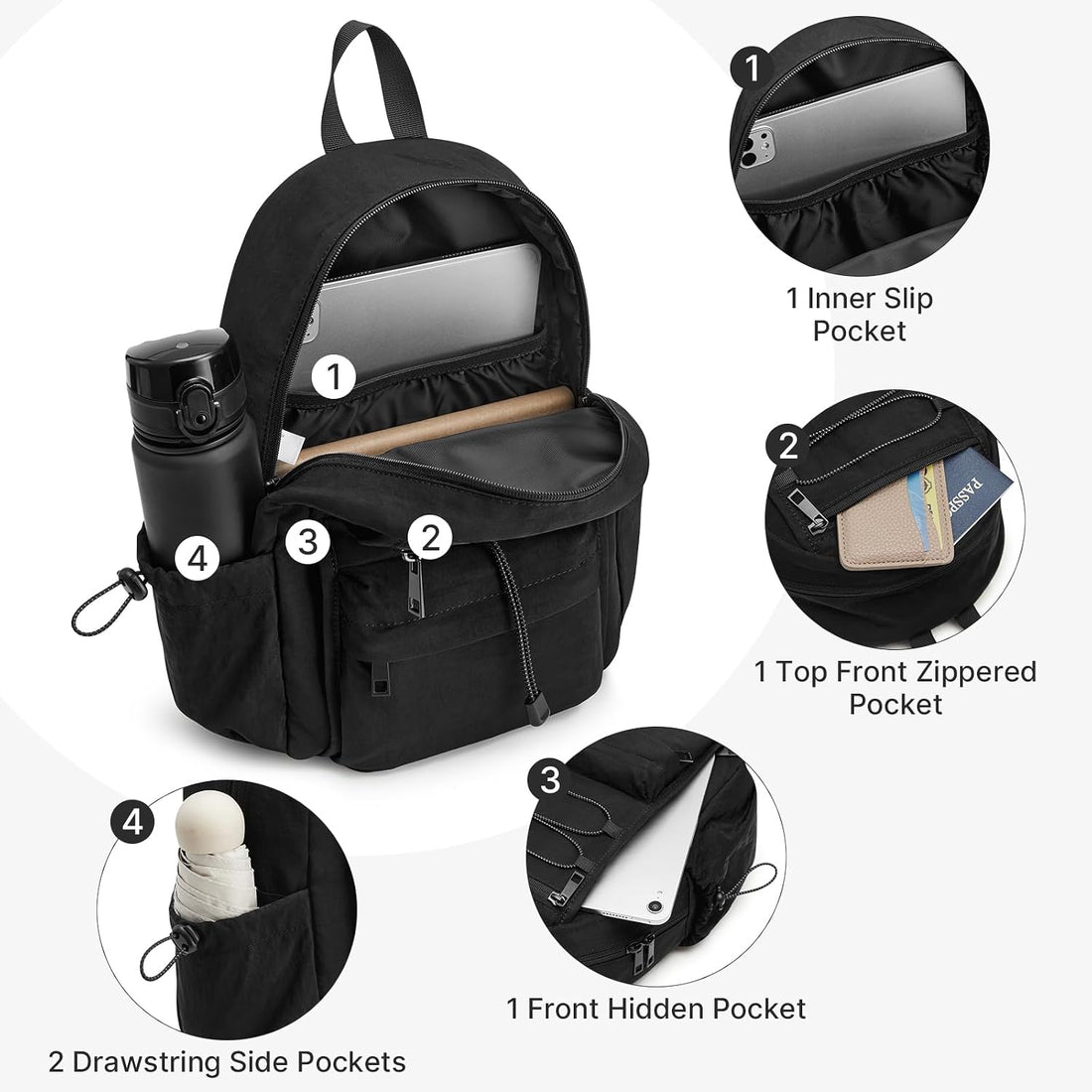 10L Small Backpack for Women Men | Mini Lightweight Hiking Travel Casual Daypack, Water Repellent Fabric, Fits 11" Tablet, Black