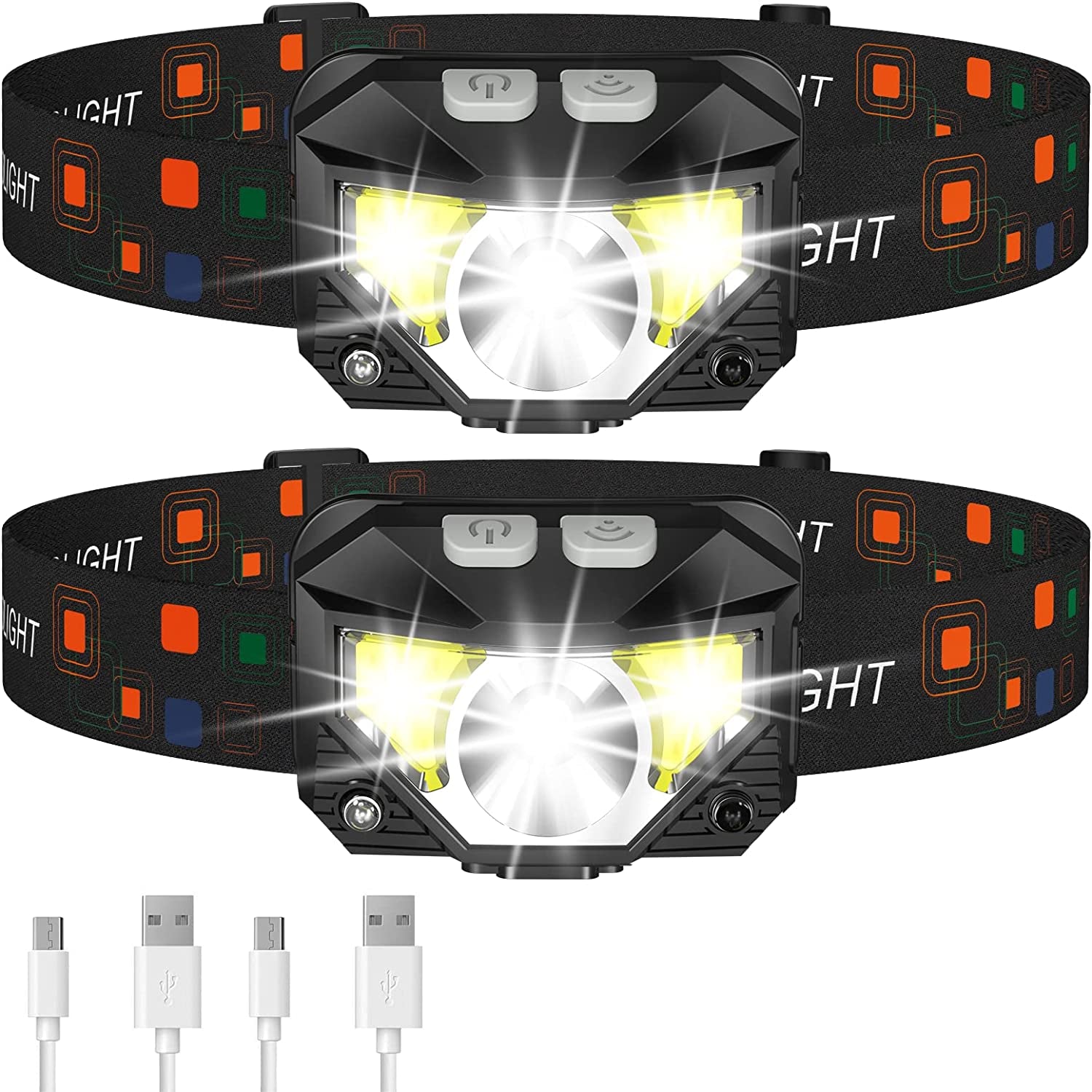 Headlamp Flashlight, Lumen Bright Head Lamps LED Rechargeable Camping | Ultra-Light, with White Red Light, 2-Pack Waterproof Motion Sensor Headlight, 8 Modes for Outdoor Running Hiking Fishing