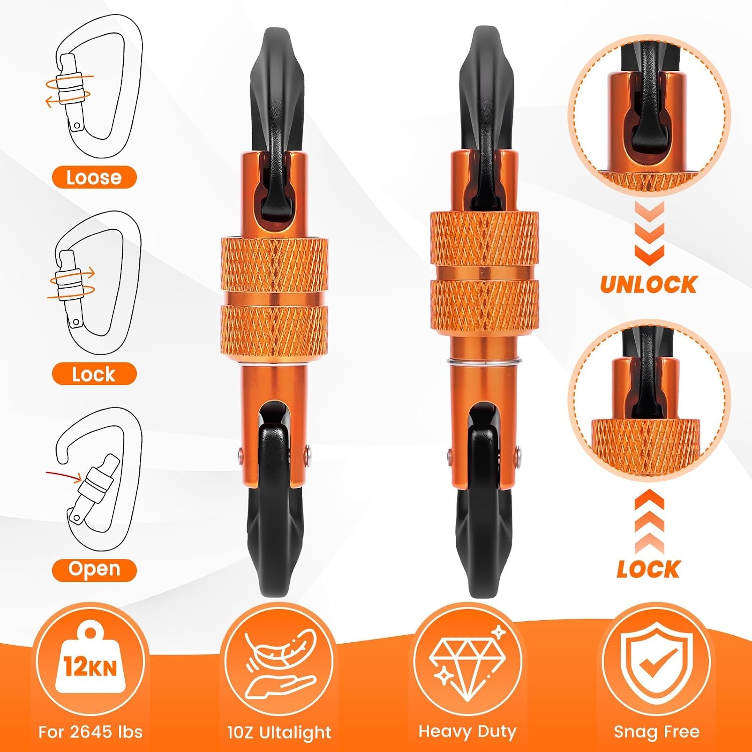 3 Heavy Duty Carabiner Clips 12Kn (2697 Lbs)-Lightweight Locking Carabiners for Securing Pets，Camping, Hiking, Hammock，Outdoor and Gym Etc, Keychains& Utility