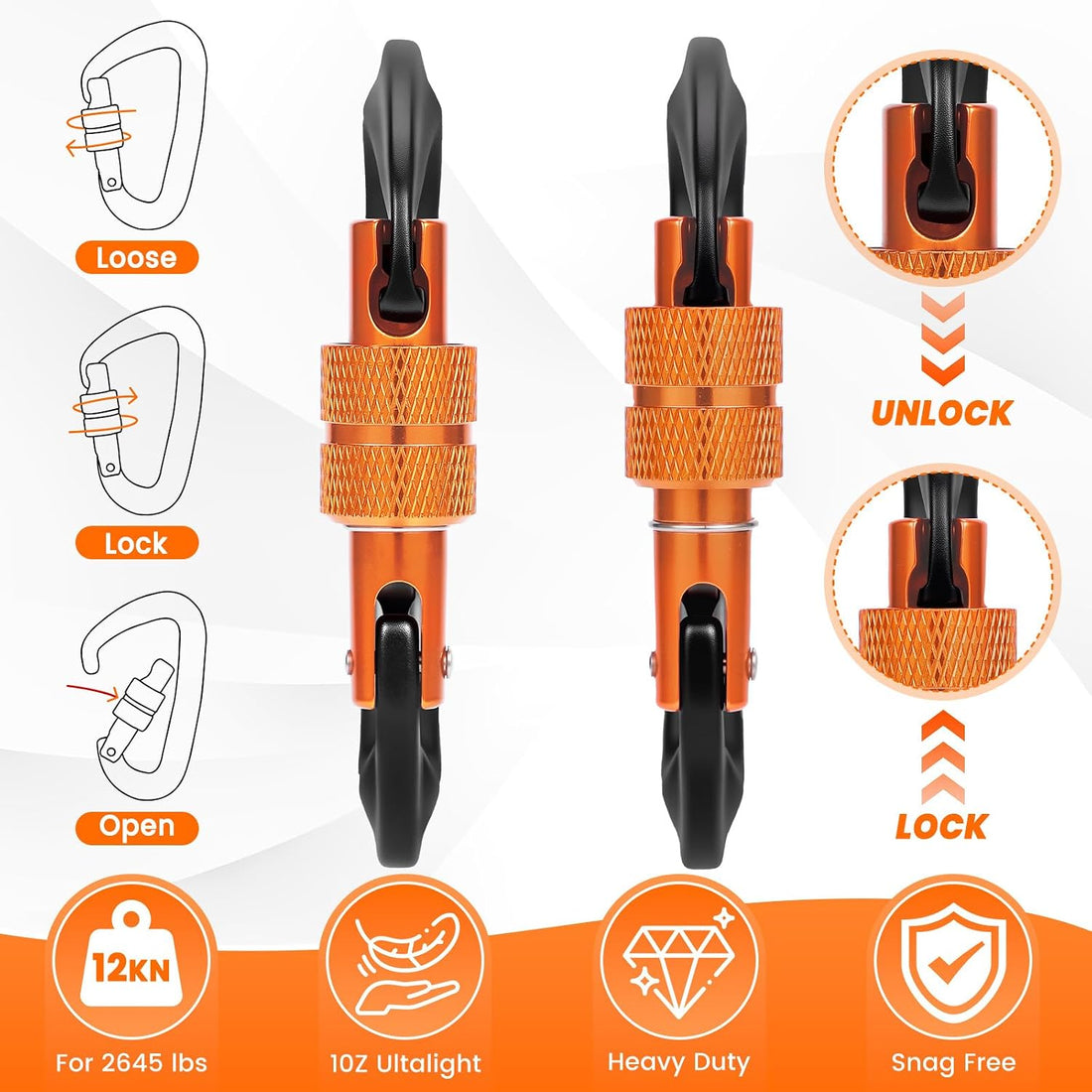 3 Heavy Duty Carabiner Clips 12Kn (2697 Lbs)-Lightweight Locking Carabiners for Securing Pets，Camping, Hiking, Hammock，Outdoor and Gym Etc, Keychains& Utility