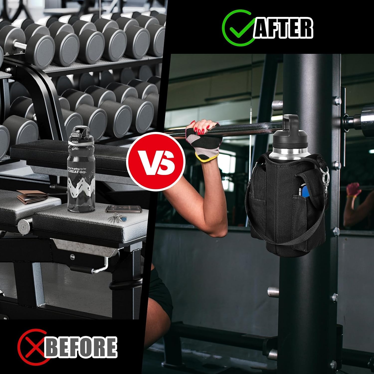 Magnetic Gym Bag Water Bottle Carrier Holder with Phone Pockets & Shoulder Strap,Gym Magnetic Bag 5 Built-In Magnets Gym Accessories Organizer Sling Bottle Bag Pouch Sleeve