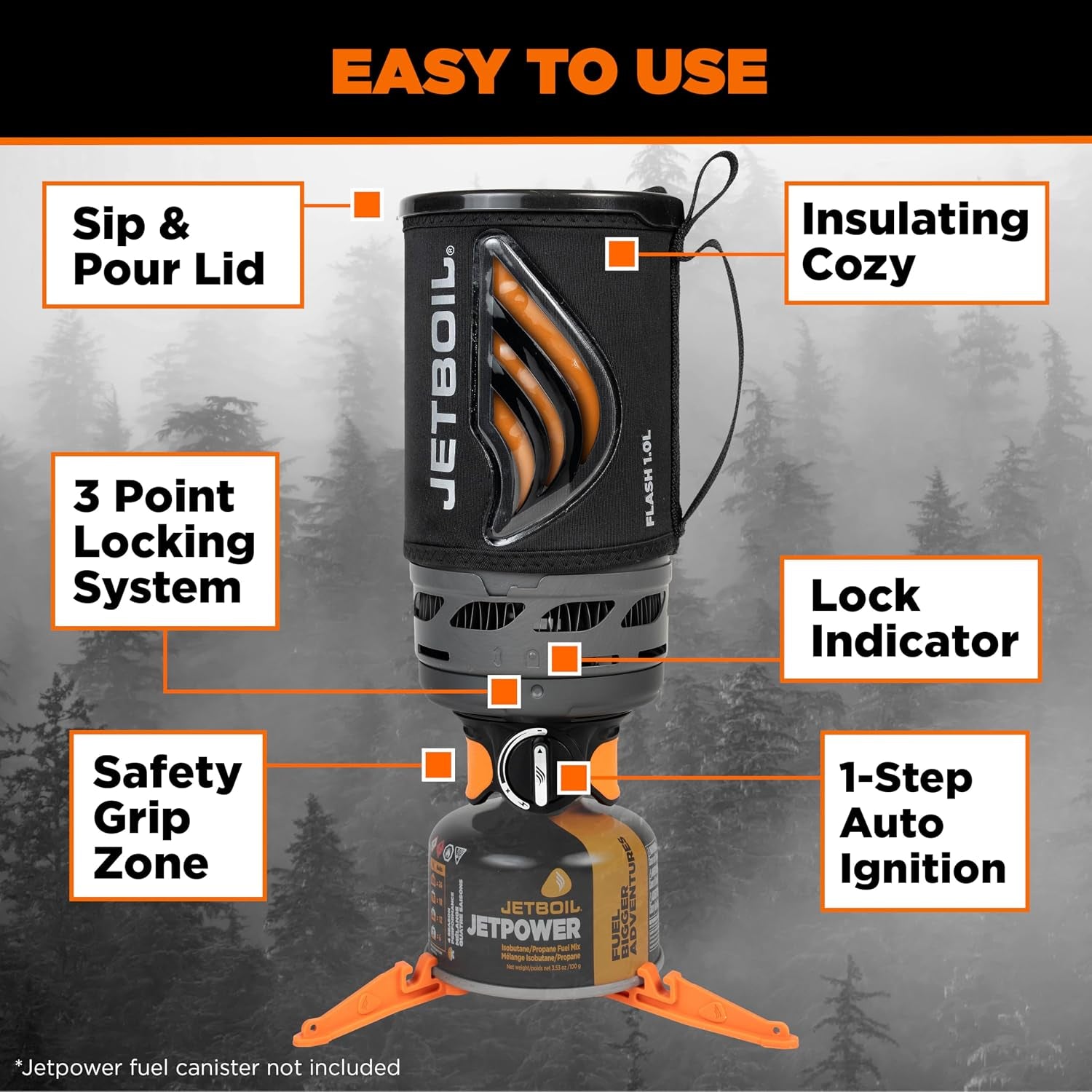 Jetboil Flash Portable Fast Boil Stove for Camping and Backpacking with 1-Step Auto Ignition, Propane/Isobutane Burner with Cooking Cup