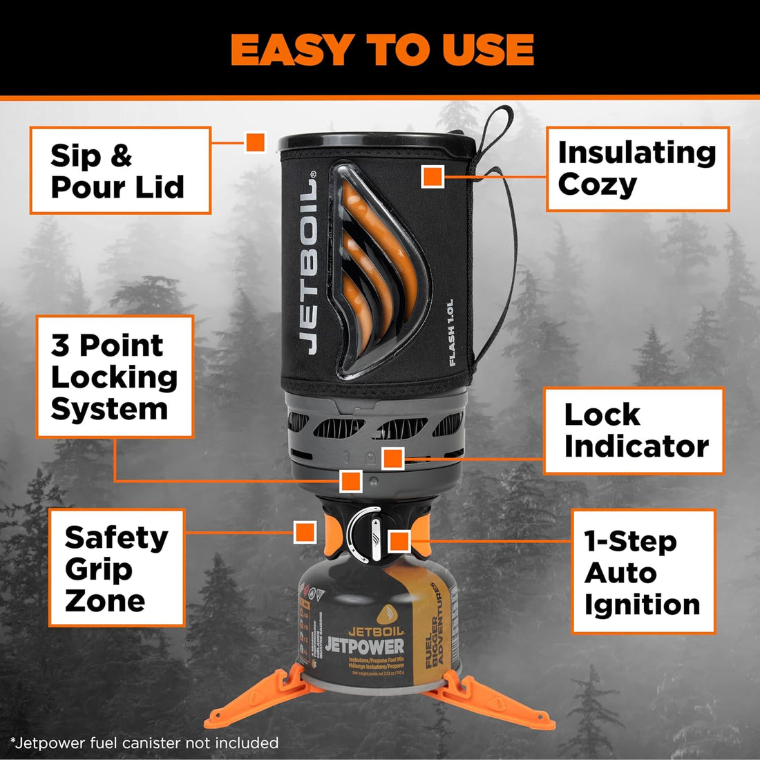 Jetboil Flash Portable Fast Boil Stove for Camping and Backpacking with 1-Step Auto Ignition, Propane/Isobutane Burner with Cooking Cup