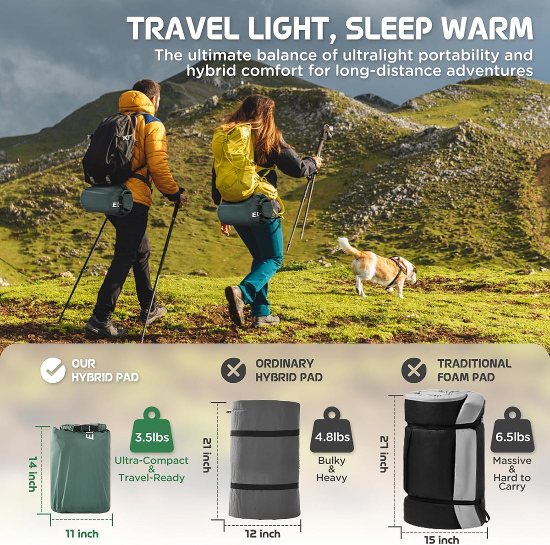 Air & Foam Camping Mattress with Air Pump 4" Single Army Green | Cumbrex™ Memory Foam Sleeping Pad, Ultra-Thick, R-Value 9.5, 4-Season Camp Mat, Compact for Travel Outdoor