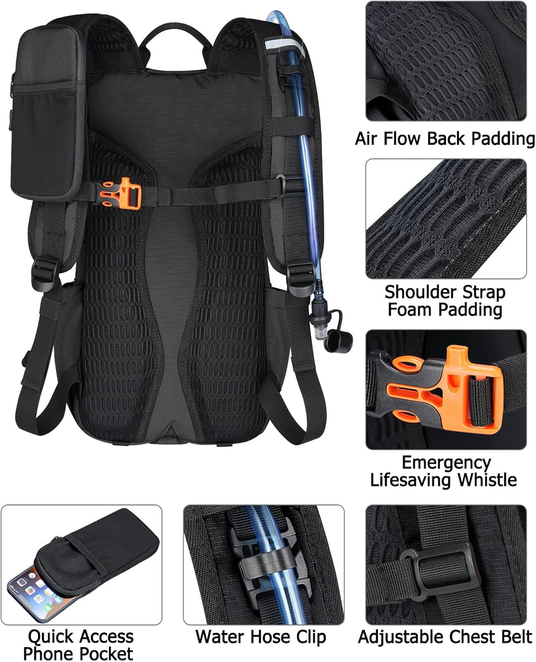 22L Hydration Hiking Backpack with 3L Water Bladder for Women and Men | Lightweight Water Backpack, Phone Holder, Rain Cover, Trekking Pole Holder, Daypack for Cycling Biking Running, Black
