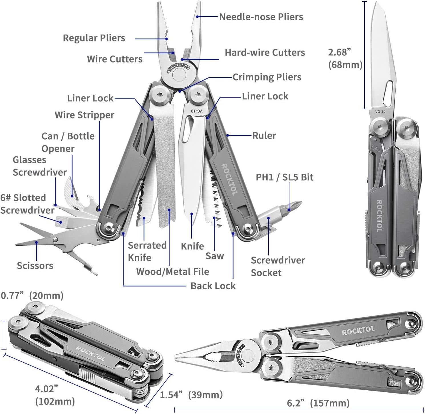 Multitool SK02, VG-10 Knife,19-In-1 Multi-Tool Pliers with Titanium-Plated Handle,Compact & Lightweight EDC Multi Tool with Nylon Sheath for Men,Outdoor Survival,Hiking,Camping