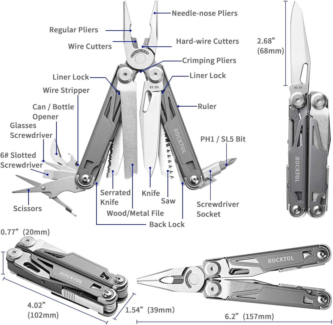 Multitool SK02, VG-10 Knife,19-In-1 Multi-Tool Pliers with Titanium-Plated Handle,Compact & Lightweight EDC Multi Tool with Nylon Sheath for Men,Outdoor Survival,Hiking,Camping