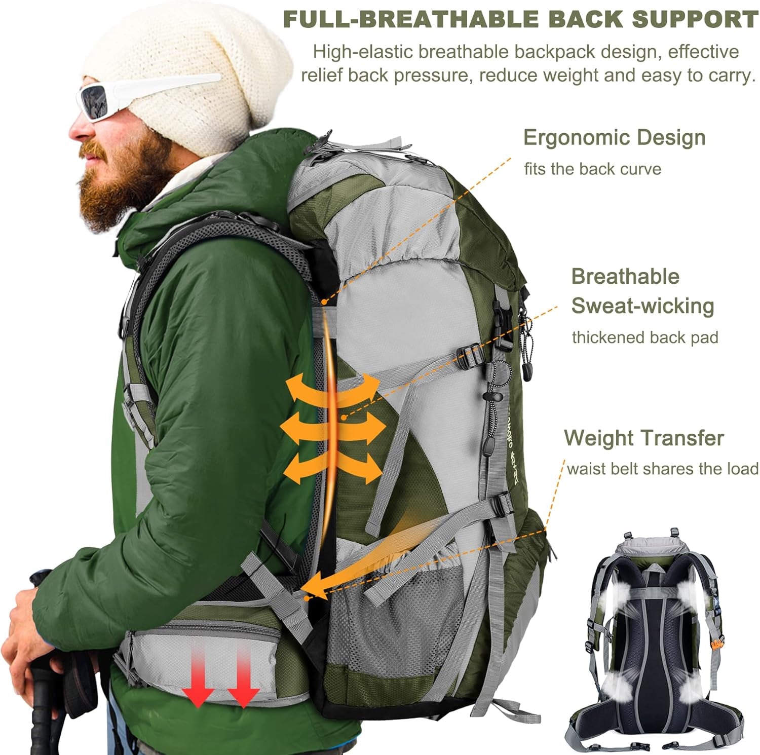 50L Hiking Backpack with Rain Cover for Both Men & Women | Lightweight at Just 2.8 Lbs, External Extension with Compression Straps for Backpacking, Hiking, Camping, Trekking