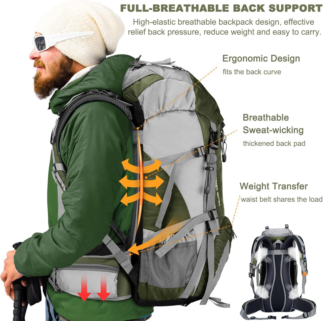 50L Hiking Backpack with Rain Cover for Both Men & Women | Lightweight at Just 2.8 Lbs, External Extension with Compression Straps for Backpacking, Hiking, Camping, Trekking