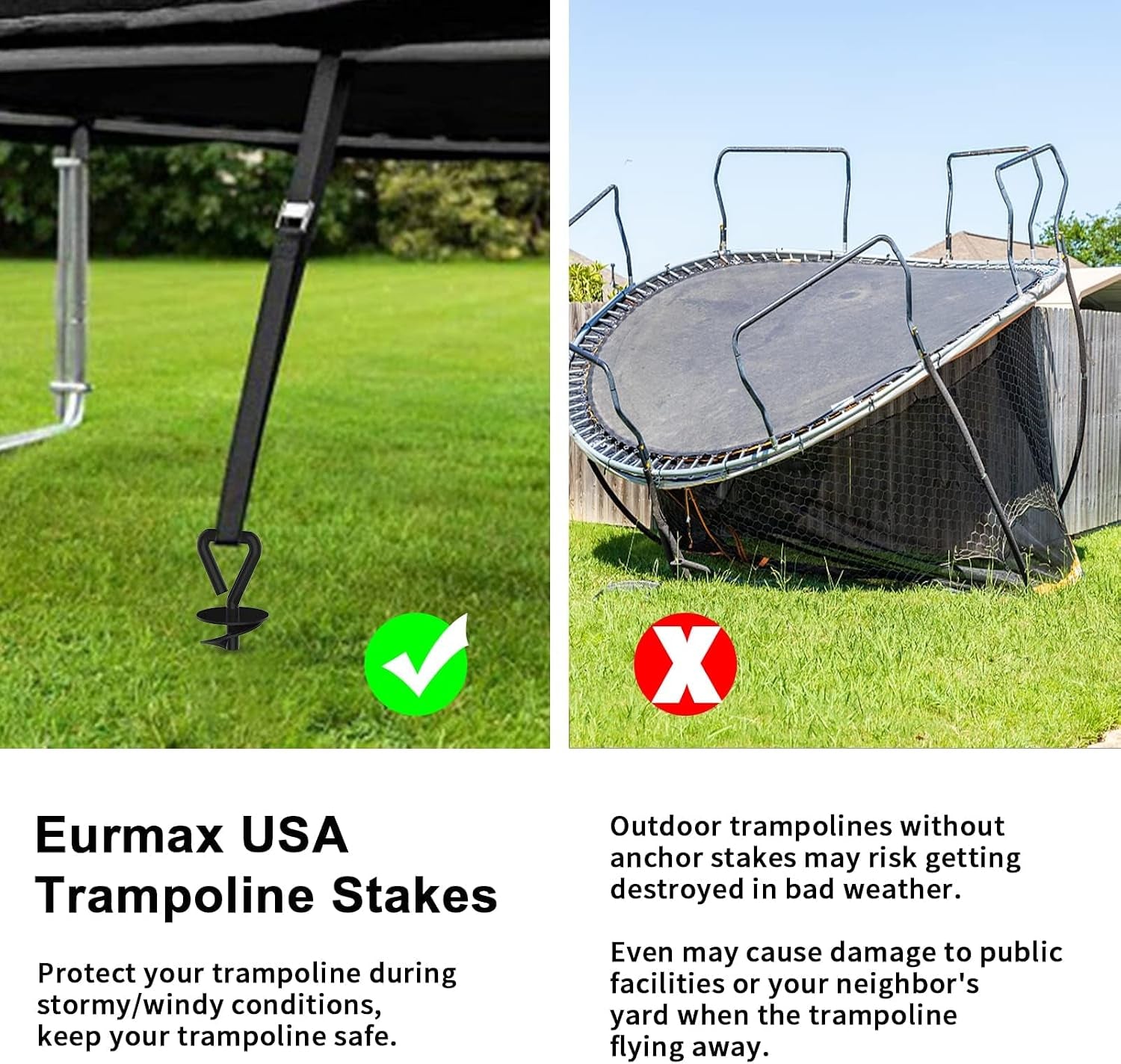 USA 4 Pack Heavy Duty Ground Stakes,Industrial Grade Spiral Steel Screw-In Trampoline Anchors with 4 Reinforced Straps,High Wind Stabilizing Kit for Dog Tie-Out,Canopies,Sheds,Swing Sets,Black