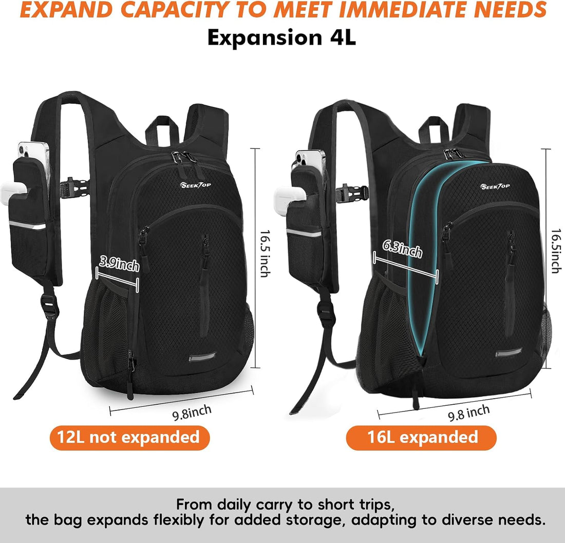 Small Hiking Backpack Expandable 12L-16L | Lightweight Packable Waterproof Daypack with Phone Pocket, Women Men, Foldable Waterproof Day Pack, Multiple Pockets, Travel
