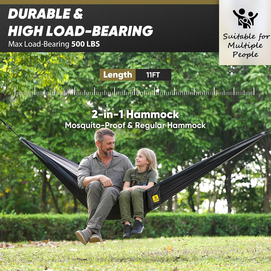 Camping Hammock with Mosquito Net, 500 Lbs Portable Hammock with Tree Straps, 2-In-1 Double/Single Travel Hammock Tent for Outside/Indoor/Backpacking/Beach - Black & Grey