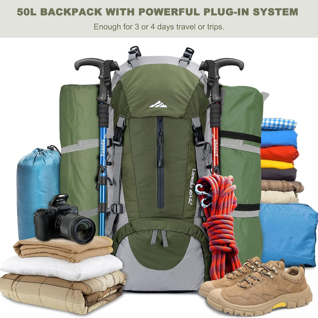 50L Hiking Backpack with Rain Cover for Both Men & Women | Lightweight at Just 2.8 Lbs, External Extension with Compression Straps for Backpacking, Hiking, Camping, Trekking