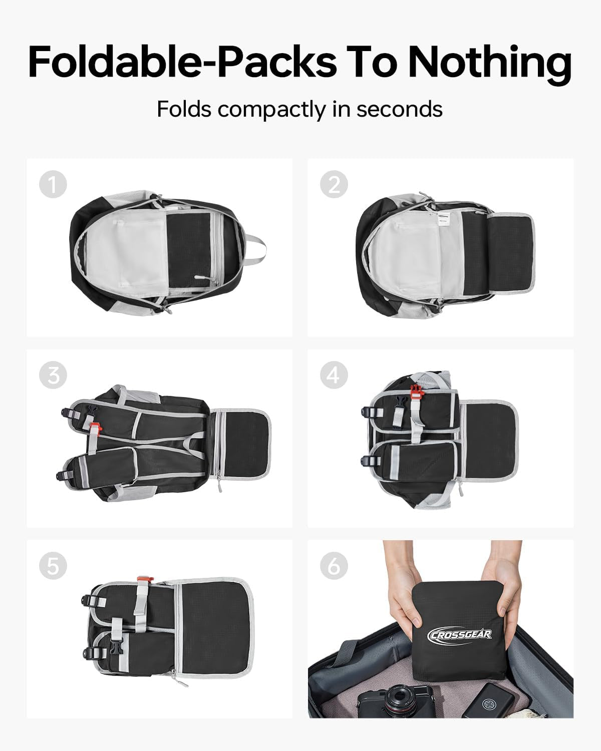 24L Hiking Backpack, Lightweight Foldable Packable Daypack with RFID Pocket, Multi-Pocket, Nylon Small Travel Backpack, Water Resistant for Travel, Camping, Outdoor, Black