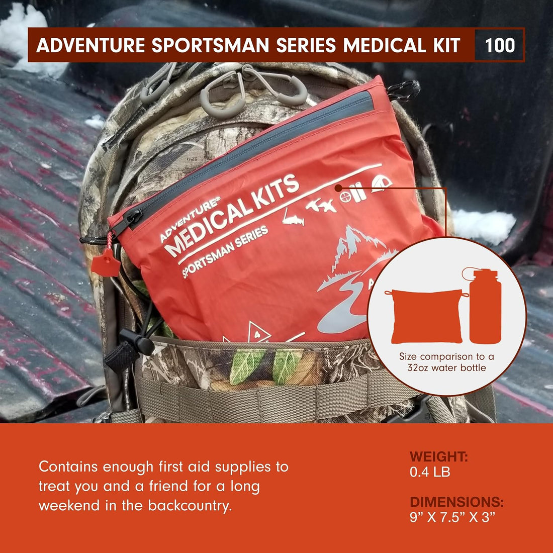 Sportsman Series 100 First Aid Kit, 2 Person | Compact Trauma-Ready Kit Includes Hospital-Quality Bandages, Medications & a Wilderness First Aid Guide Book
