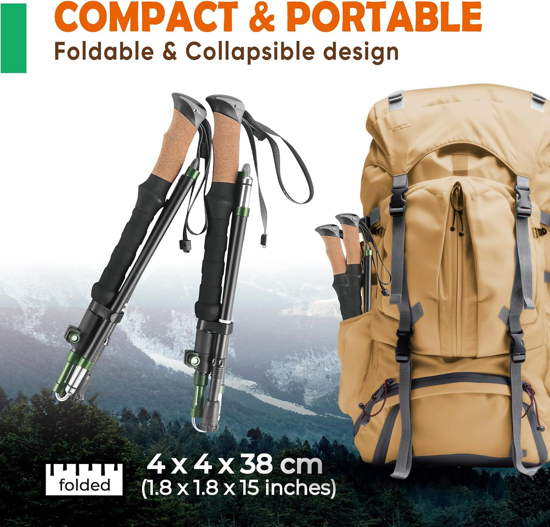 Trek-Z Cork Grip Collapsible Lightweight Hiking Trekking Poles | Adjustable Folding Aluminum Walking Stick for Men, Women and Seniors; Foldable, Retractable Staff for Travel and Balance