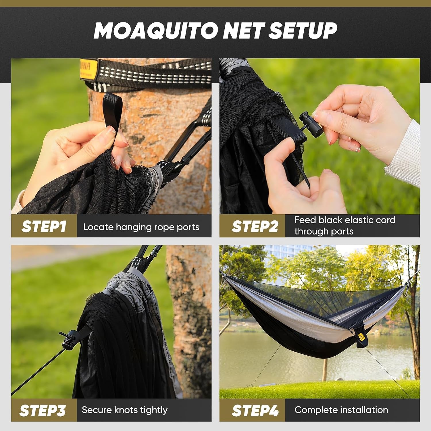 Camping Hammock with Mosquito Net, 500 Lbs Portable Hammock with Tree Straps, 2-In-1 Double/Single Travel Hammock Tent for Outside/Indoor/Backpacking/Beach - Black & Grey