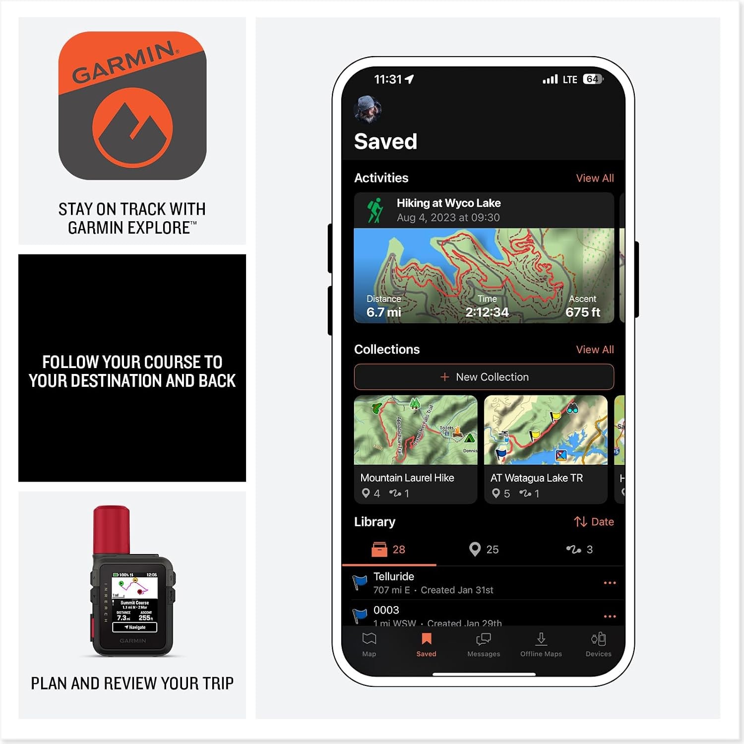 Garmin Inreach Mini 3 plus Satellite Communicator Color Touchscreen Bundle | for Off-Grid Messaging, SOS & Location Sharing | Interactive SOS | Livetrack | 350-Hour Battery + More