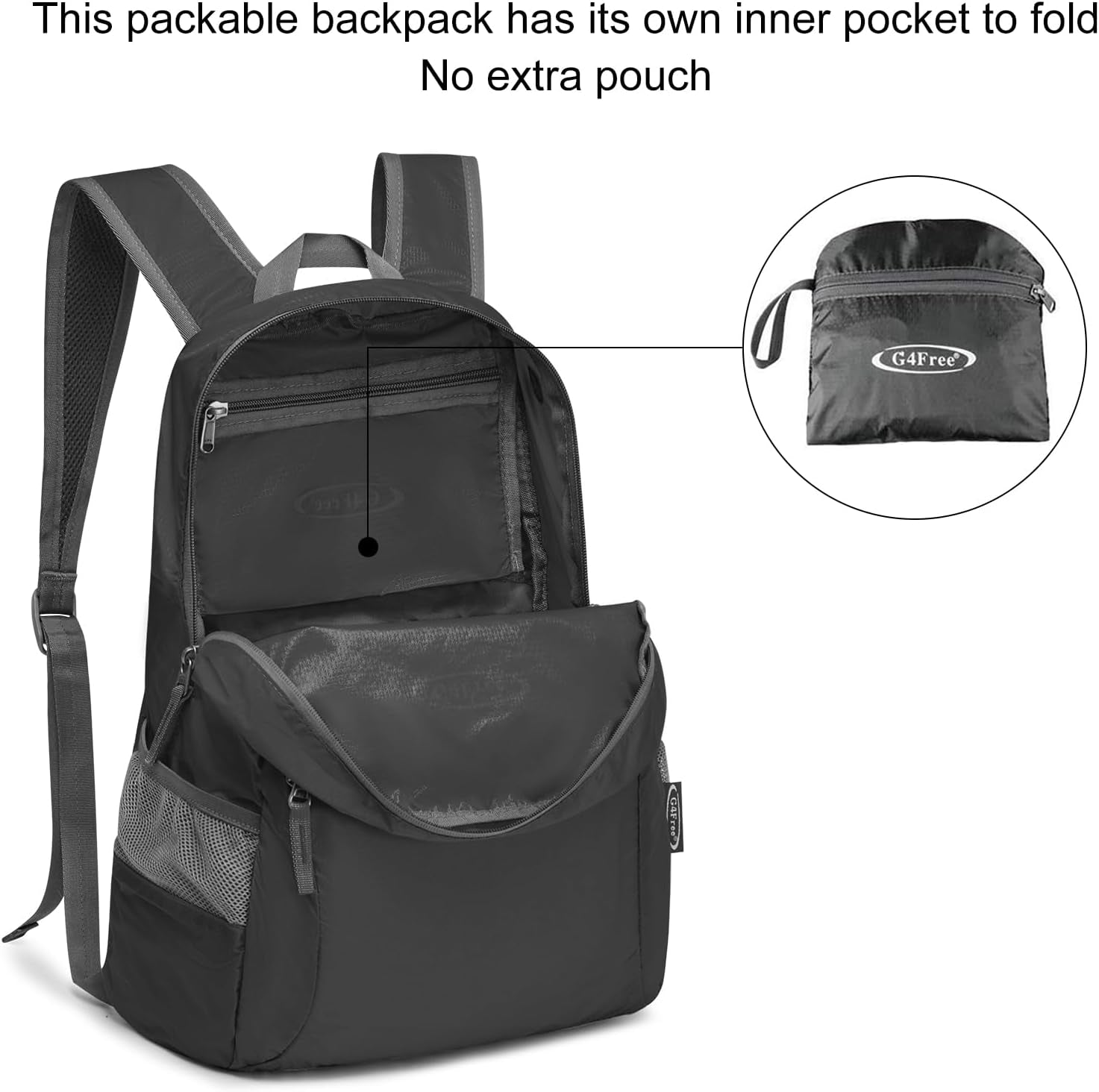 20L Small Packable Travel Hiking Backpack for Men Women | Lightweight Foldable Waterproof Daypack for Outdoor, Black