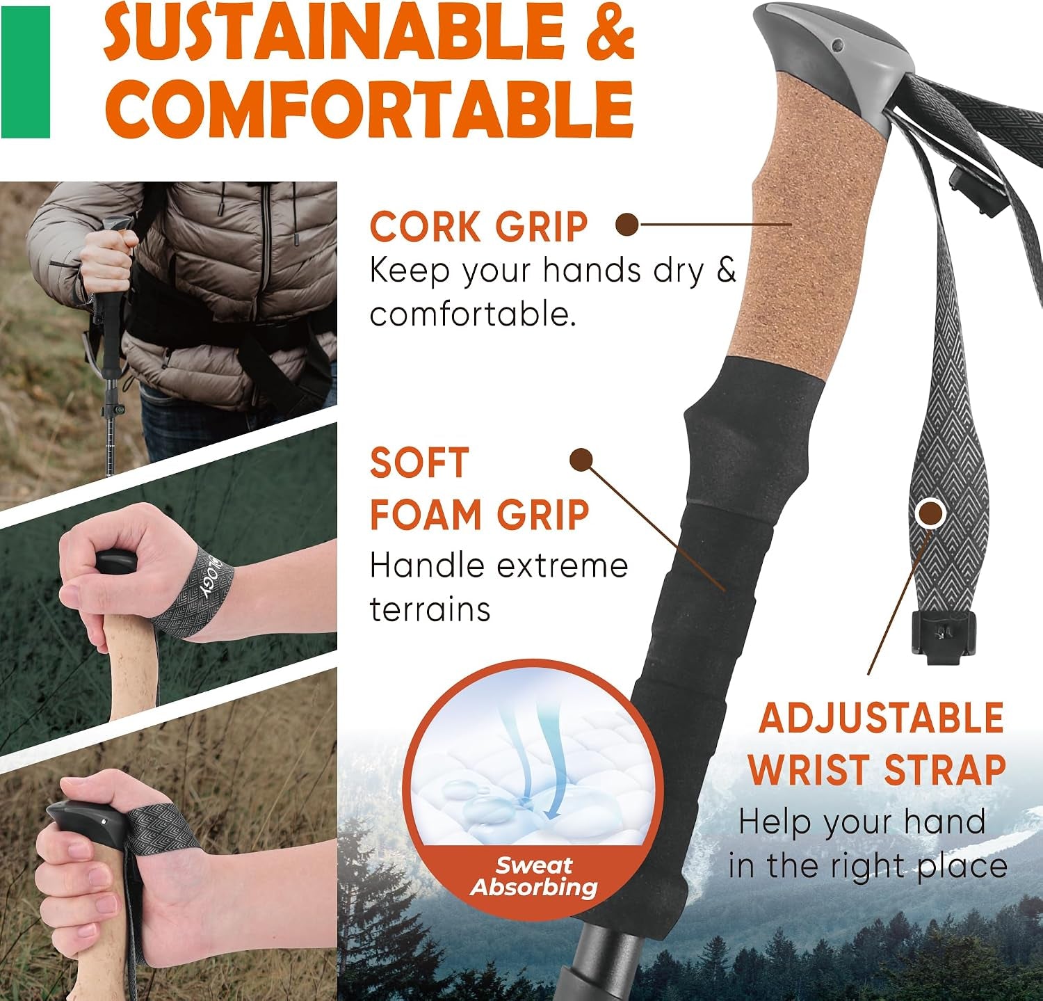 Trek-Z Cork Grip Collapsible Lightweight Hiking Trekking Poles | Adjustable Folding Aluminum Walking Stick for Men, Women and Seniors; Foldable, Retractable Staff for Travel and Balance